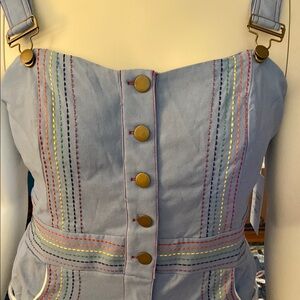 Unique Vintage Blue Denim Overalls High-Waisted W/ Rainbow Accent Stitching
